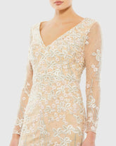 Beige Embroidered V Neck Long Sleeve Trumpet Gown